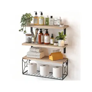 Floating Shelves, Bathroom Shelves Over Toilet, Wall Mounted Floating Shelves With Wire Basket, Wooden, 3 Shelves