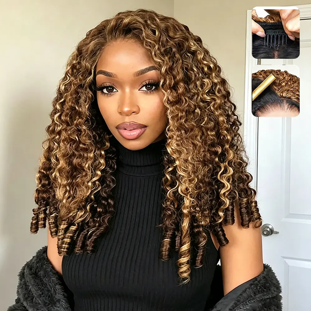 Female Soft Virgin Human Hair Half Wig, 4/27 Highlight Ombre Brown to Honey Blonde, 3-in-1 Drawstring Burmese Curly, Glueless Fit Wear and Go, Easy Install Beginner Friendly