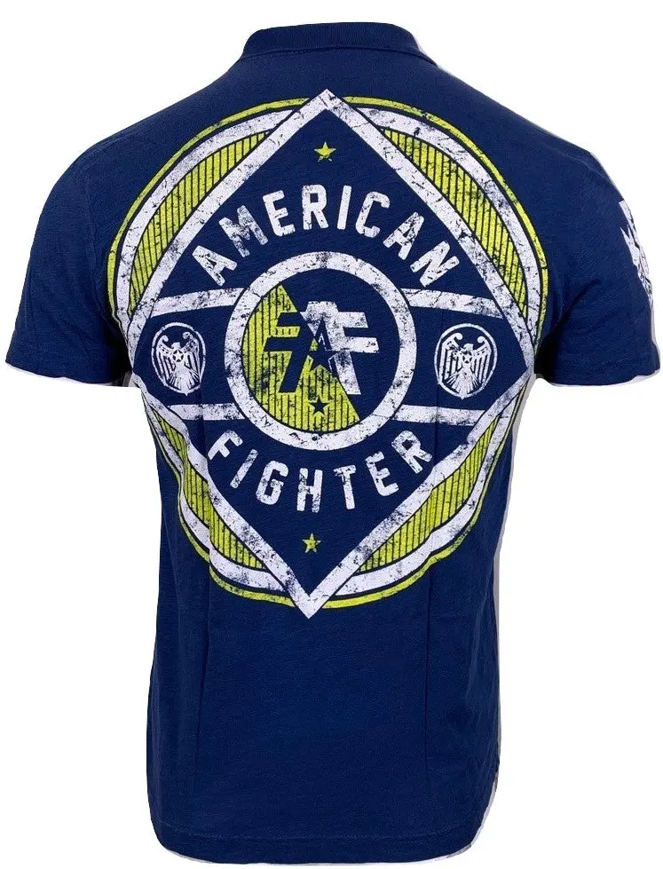 American Fighter Benjamin Men's Polo Shirt in Mavy, 100% Cotton Mock Twist with a Casual Distressed Graphic, Reactive Print, Short Sleeves, Menswear, Top, Slim Fit