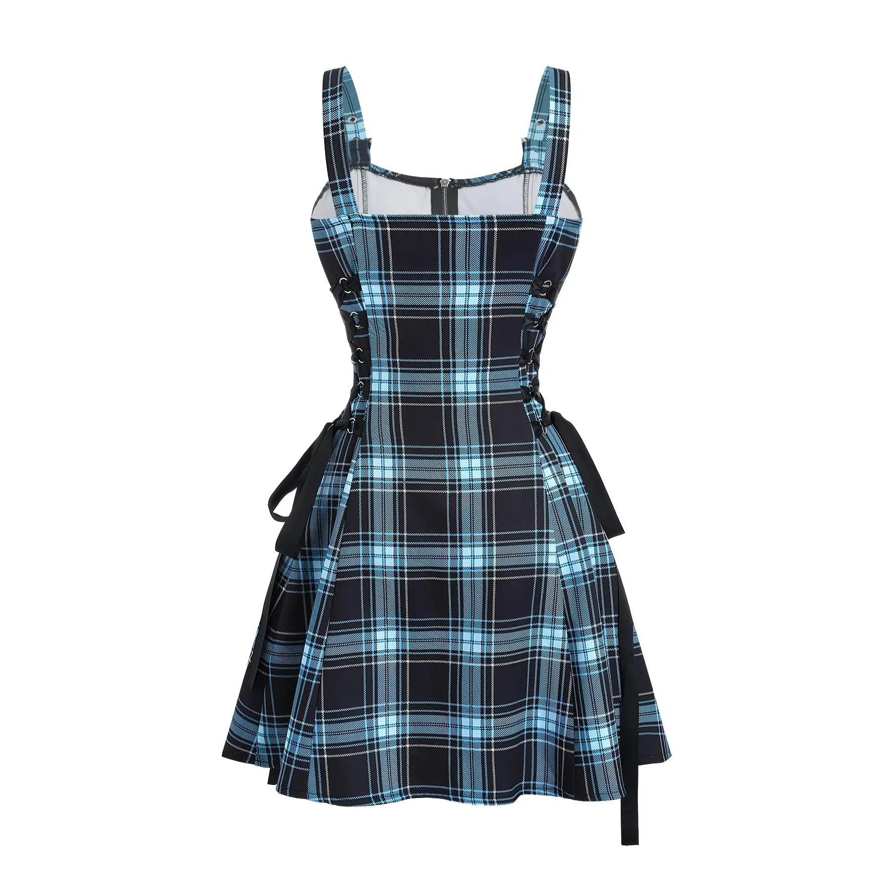 Chic Women's Plaid Print Dress with Zipper & Buckle Straps - Casual  Off-Shoulder, A-Line Skirted Design, Polyester, Machine Washable - Blue &  Black - TikTok Shop