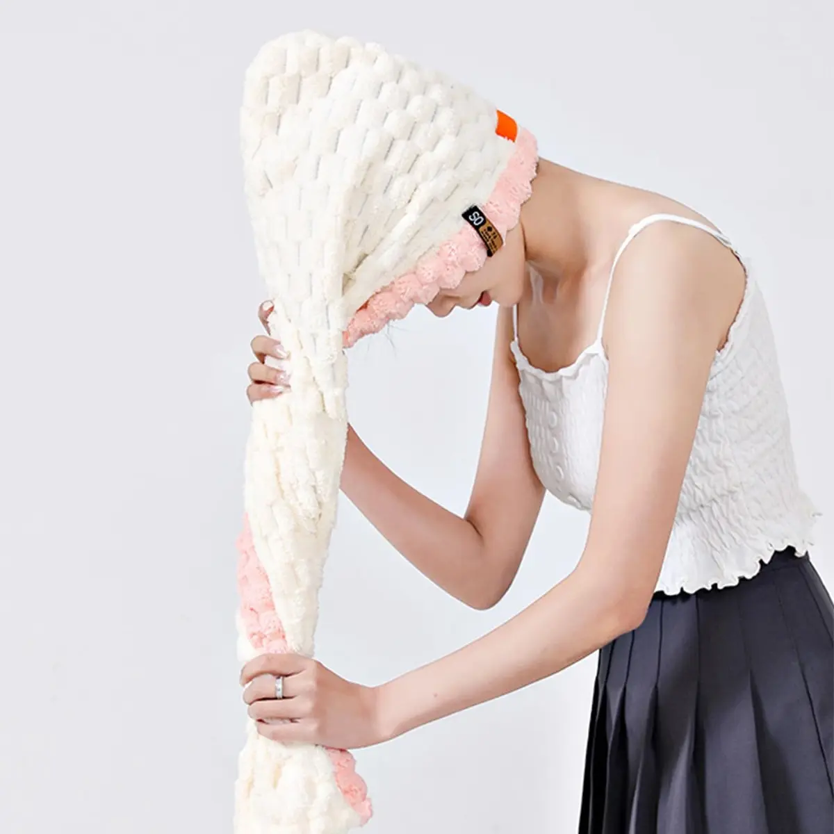 Women's 1pc Extra-Long Cloud Grid Coral Fleece Hair Drying Turban - Quick-Dry, Thick, Lightweight, Breathable Shower Towel for Female Curly Long Hair, Fall-Winter Home Use