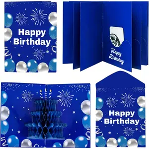 6 Slots 3D Happy Birthday Gift Card Booklet with Envelopes 3D Honeycomb Birthday Money Holder for Cash Gifts Surprise Money Card Sleeves Book Money Gift Ideas for Teacher Employee Friends (Blue)