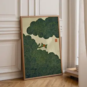 [SALE UP TO 50% + FREE SHIP] Cat Hidden In Swirling Clouds, Japanese Ink Wall Art Print, Traditional Poster