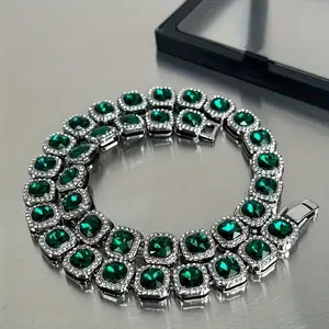 Mens 12mm Square Glass Necklace Green Gemstone Sugar Chain Hip Hop Iced Out Cuban Link Chain Fashion Streetwear Jewelry for Men Trendy Rap Style Accessories