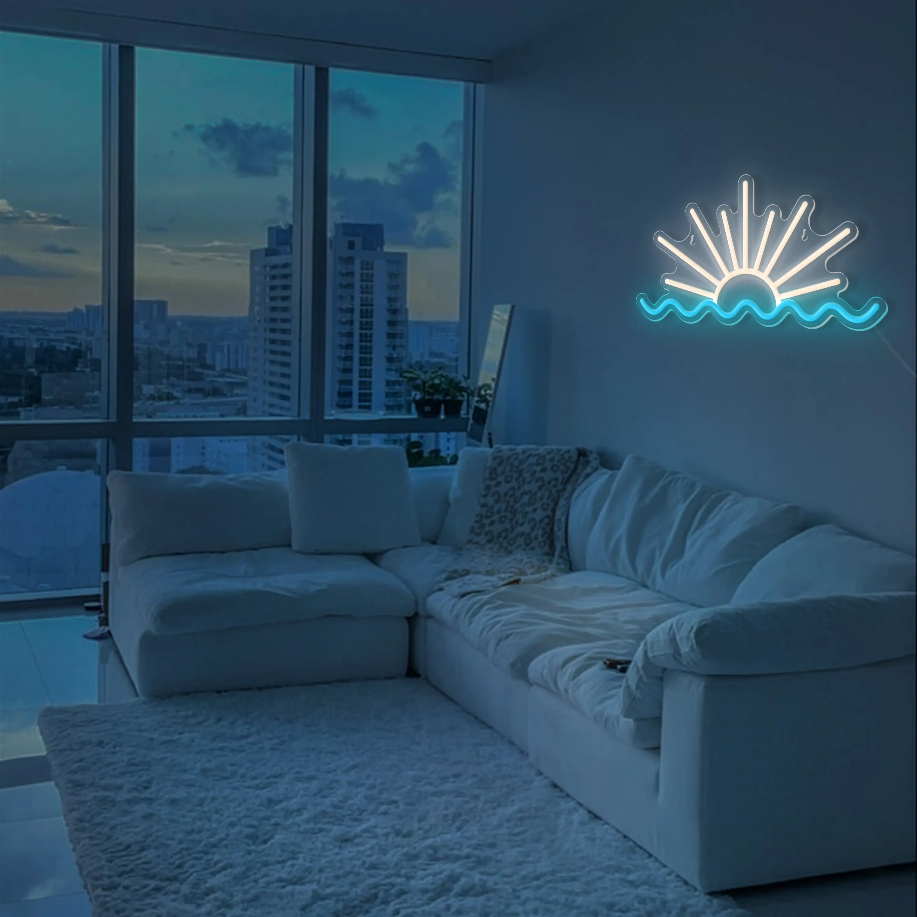 Dimmable LED Ocean Sun Sunrise Sunset Neon Sign - Modern Acrylic Backboard Light, 14.96x8.07in, Easy-Install Novelty Lighting for Bedroom, Interior & Wedding Decor