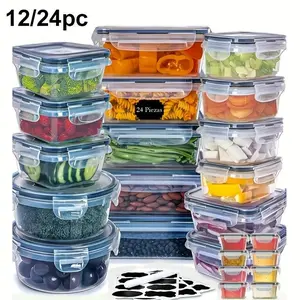 12/24pcs Transparent Kitchen Food Storage Container Set - Microwave Safe, Multipurpose Plastic Meal Prep Boxes with Flip-Top Lids + 24 Chalkboard Labels - Ideal for Vegetables, Fruits, Grains & More， Utensils Square