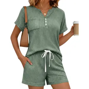 Women Summer 2026 2 Piece Short Sets Lounge Short Sleeve Henley Outfits Sweatsuit with Pocket