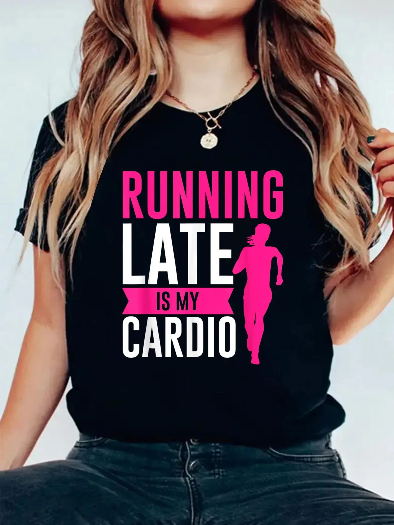 Running Late Is My Cardio Fitness Workout T-Shirt Women Graphic Shirts Casual Short Sleeved Tee Round Neck Sporty Lover T-Shirts