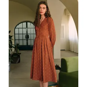 RIHOAS Women's Casual Brown Polka Dot Pleated Midi Dress