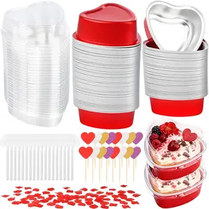 60 Packs Heart Shaped Cake Pans, Valentine Aluminum Foil Mini Heart Cake Pans with Lids,3.4 Ounces Disposable Small Cupcake Cup Baking Pan for Valentine Mother's Day Wedding Party