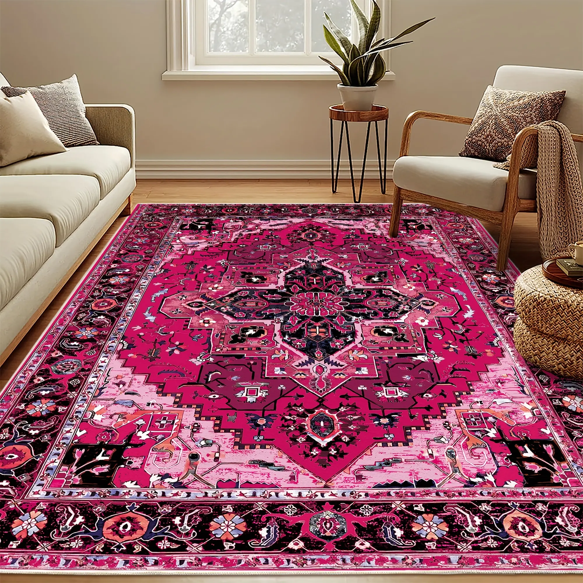 EXCLUSIVE 1PC Imitation Cashmere Persian tribal abstract style area rugs Bossibian pattern hot pink carpet Non-slip Backing soft machine washable area carpet for living room bedroom office decoration