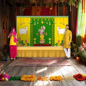 Sacred Krishna Backdrop | Economical Polyester 5x8 ft | Perfect for Pooja, Weddings, Janmashtami Decor | Cherished Indian Art
