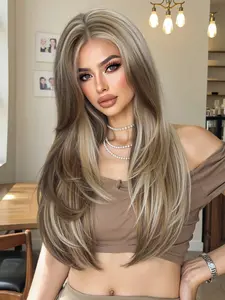 26 Inch Long Straight Lace Front Wig with Highlights, Comfortable and Breathable Design for All Seasons, Perfect for Festivals and Weddings, Machine Made Wig