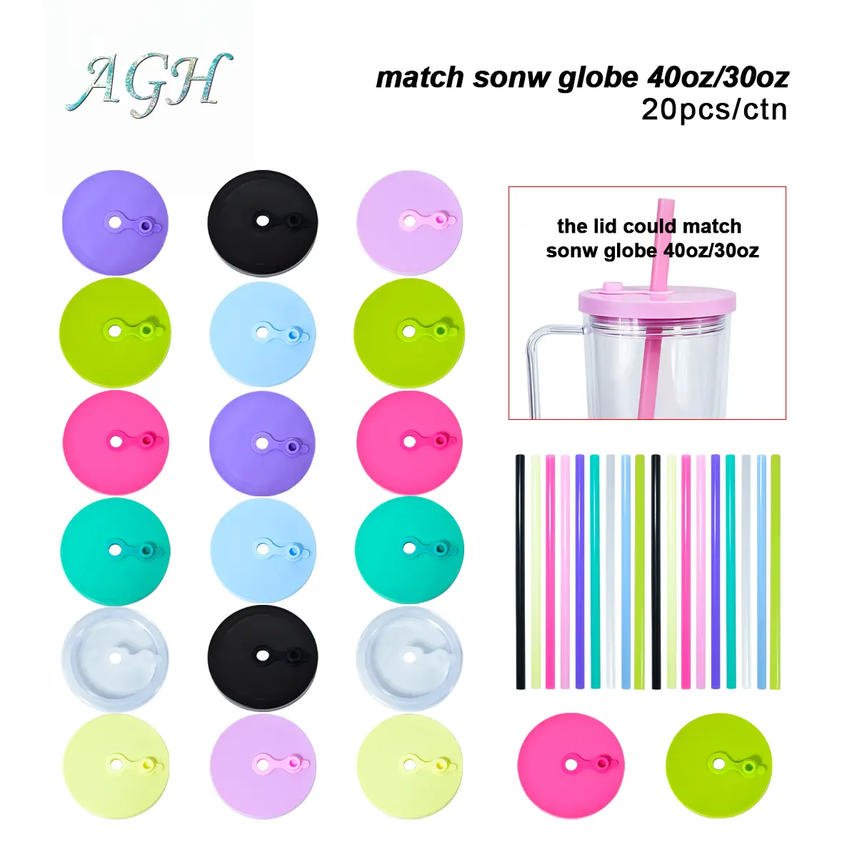 AGH US 20pcs 30oz/40oz Relacement leak-proof lids&bubble tea straws ONLY! FIt with 30oz/40oz plastic snow globe handle tumblers, 9 color mixed
