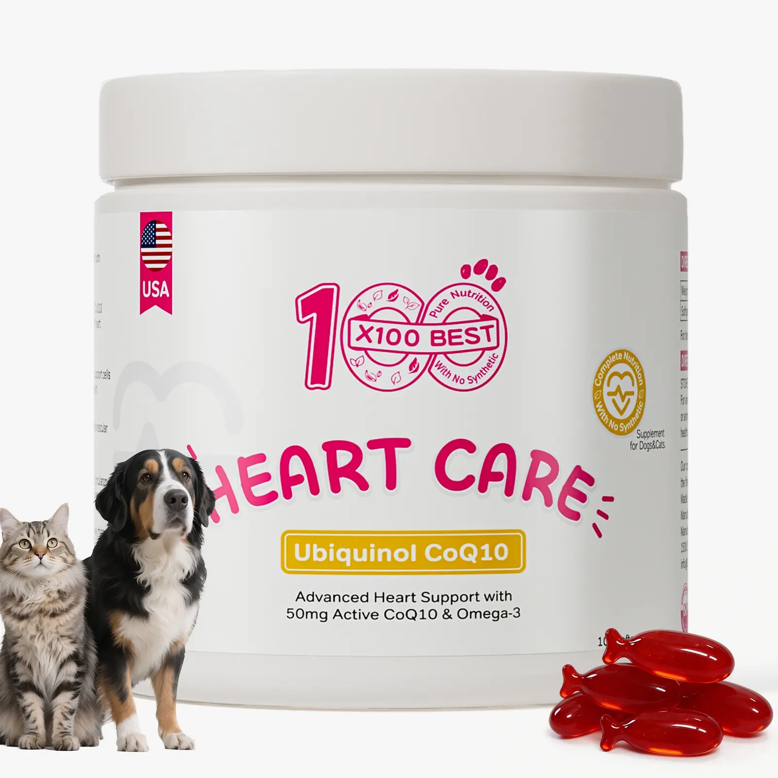 X100BEST Pet Heart Supplement for Dogs & Cats – Cardiac Support with Patented Reduced CoQ10, Taurine, Omega-3 Fish Oil Senior Myocardial Nutrition & Energy Support Promotes Blood Circulation –100 gels