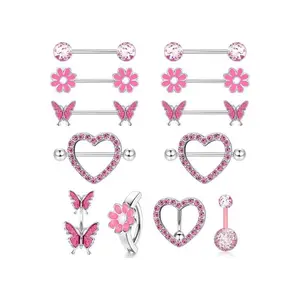 Cute Butterfly & Flower & Rhinestone Design Nipple Rings, Heart Decor Belly Ring, Body Piercing Jewelry for Women & Girls