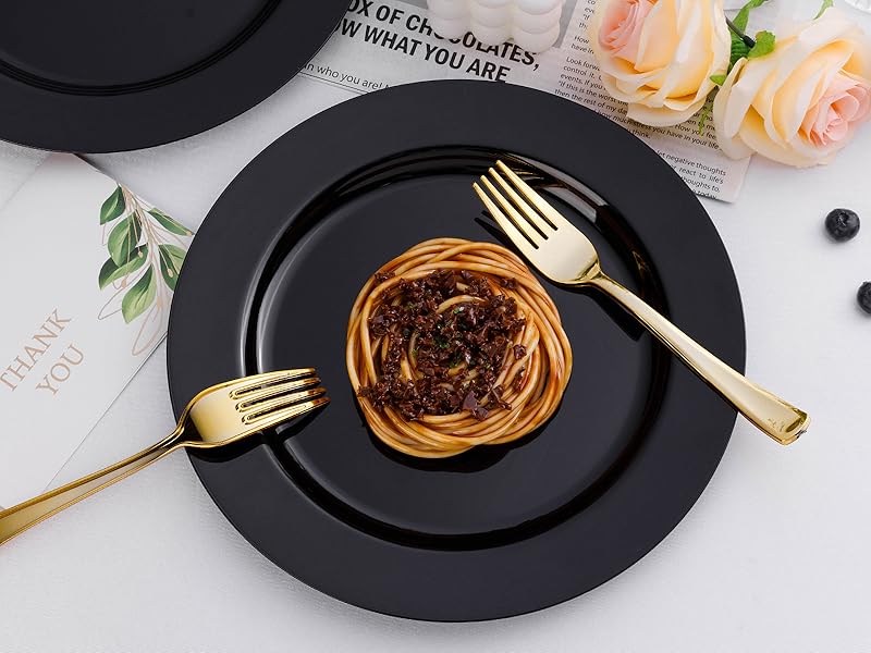 100PCS Black Plastic Dessert Plates, Premium Hard Disposable Plates for Party, Wedding