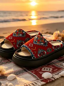 Sole Ethnic Geometric Pattern Home Slippers, Waffle Linen Breathable, Bohemian Vacation Daily Thick Sole Sandals