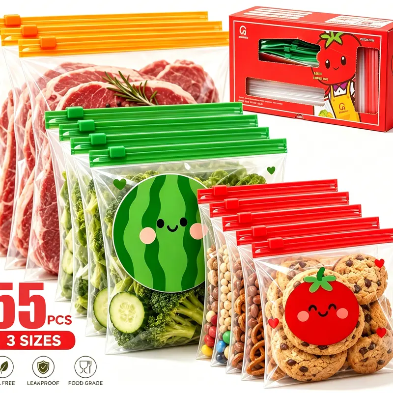 55-Piece BPA-Free Reusable Multi-Size Plastic Zip Lock Food Storage Containers Kit with 3-in-1 Dispenser Organizer, Airtight Leakproof Locks, Microwave/Freezer-Safe Home Goods for Kitchen Storage Organization (Includes Ziplock Bags & Baking Supplies)