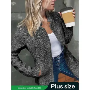 PlusSizePlaidButtonFrontCardiganCoat,CasualLongSleeveLapelNeckline,Fall&WinterFashionOuterwearforWomen