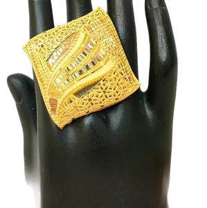 Big Gold Plated Ring Adjustable Size Hexagon Design for Women's Fashion Jewelry