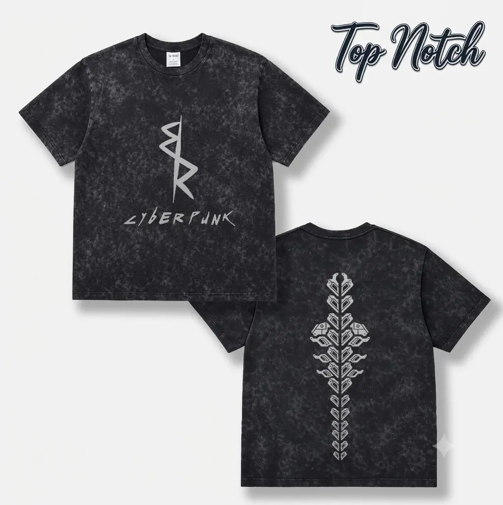 Futuristic Spine Graphic Vintage Washed T-Shirt, Oversized Retro Short Sleeve Tee with Cyberpunk Symbol Print, Techwear Streetwear Goth Summer Festival Gym Fashion