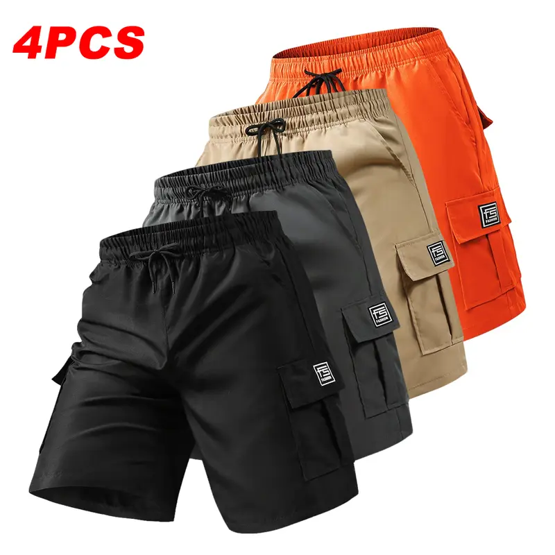 Men’s 4-Pack Cargo Shorts — Multi-Pocket Design, Loose Fit, Non-Elastic, Solid Color Work Shorts — Casual, Relaxed Fit, Suitable for Summer Outfits
