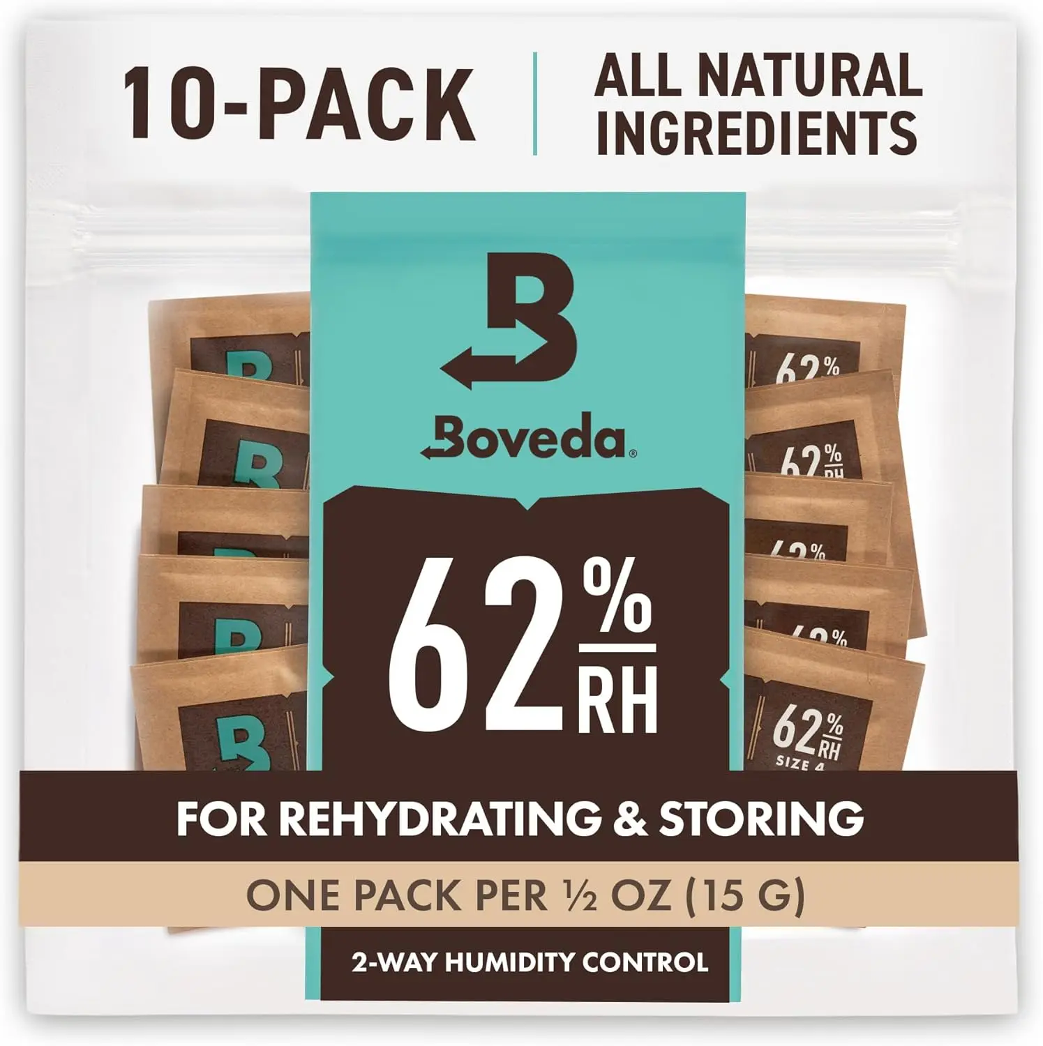 Boveda 62% 2-Way Humidity Control Packs - Size 4, 10-Pack in Resealable Bag - 0.5 oz Storage Capacity, Moisture Absorber & Humidifier Hydration Packets for Small Storage Containers