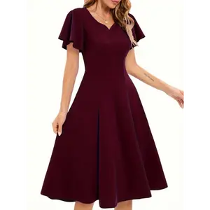 Women's Elegant Heart Neckline Ruffled Sleeve A-Line Dress - Knee-Length Solid Color Machine Washable All-Season Versatile Casual to Formal Wear, Graceful Silhouette, Texture