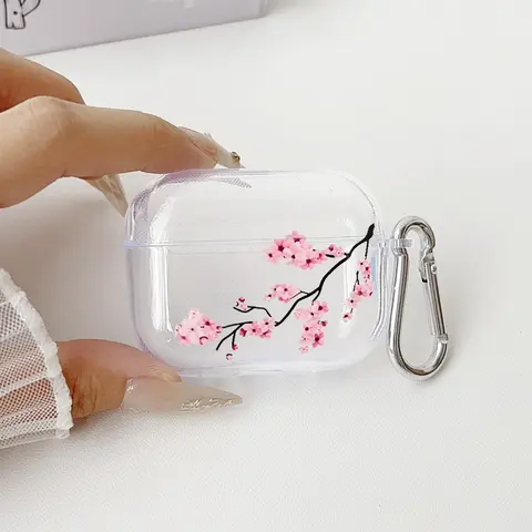 Transparent Silicone AirPods Case with Flexible TPU Protection, Comfy Grip, Blossoming Cherry Branch Floral Detail, Keychain Attachment - Shock Absorption, See Buds, Soft Vibe, Keep Style, Compatible with 1/2/3/4/Pro/Pro2 Mobile Phone Accessory, Flexible