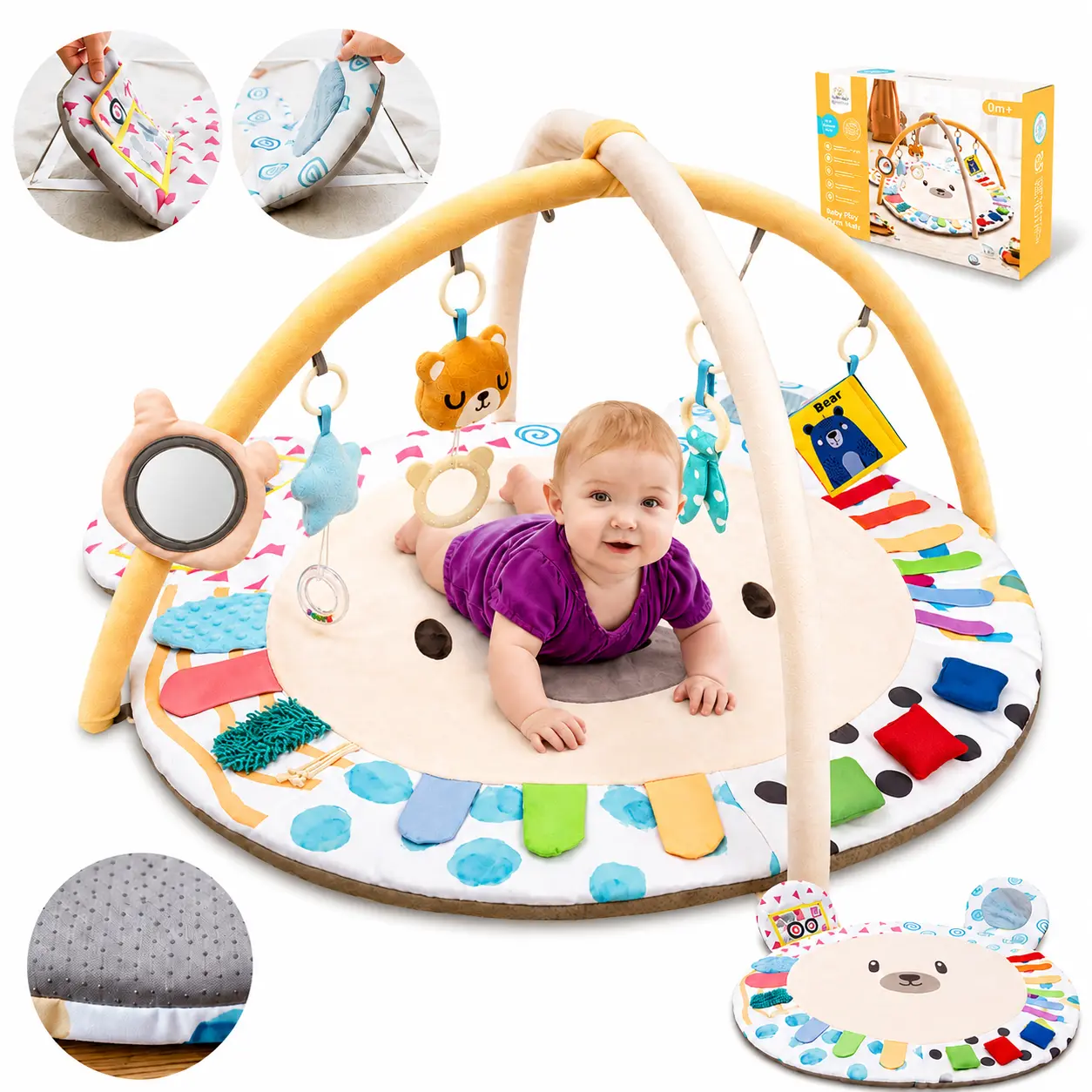 Baby Play Gym, Thickened and Non Slip Activity Mat, 5 Developmental Zones Tummy Time Mat with 5 Detachable Sensory Toys for Motor Skills, Baby Essentials Shower Gift Box