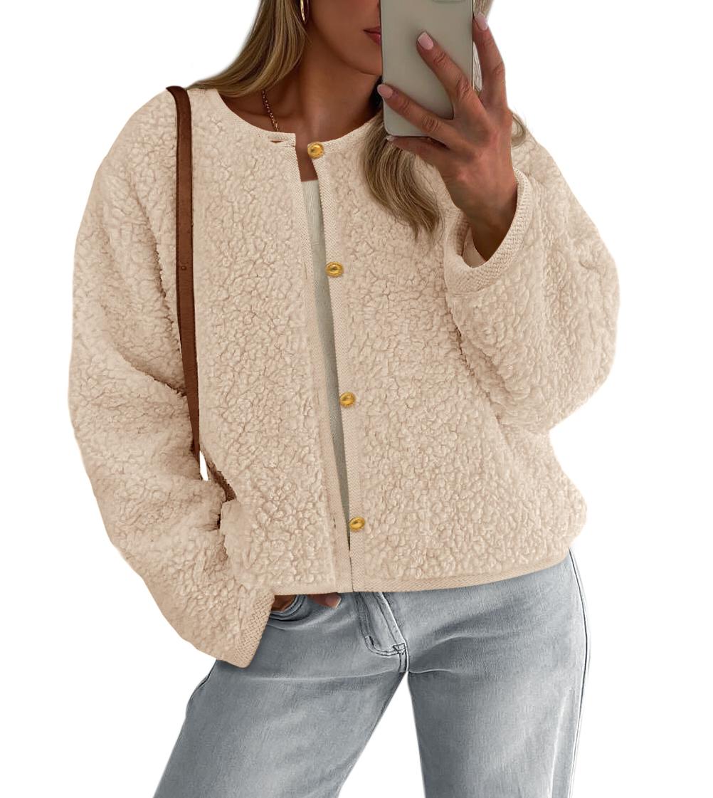 PRETTYGARDEN Women's Winter Coat Teddy Bear Soft Faux Fur Jacket Fuzzy Fleece Cropped Outerwear with Buttons Warm Cozy Fall Fashion Coat Trendy Cute Jackets for Women Winter Essentials - Casual Long Sleeve Fitted Crewneck Minimalist