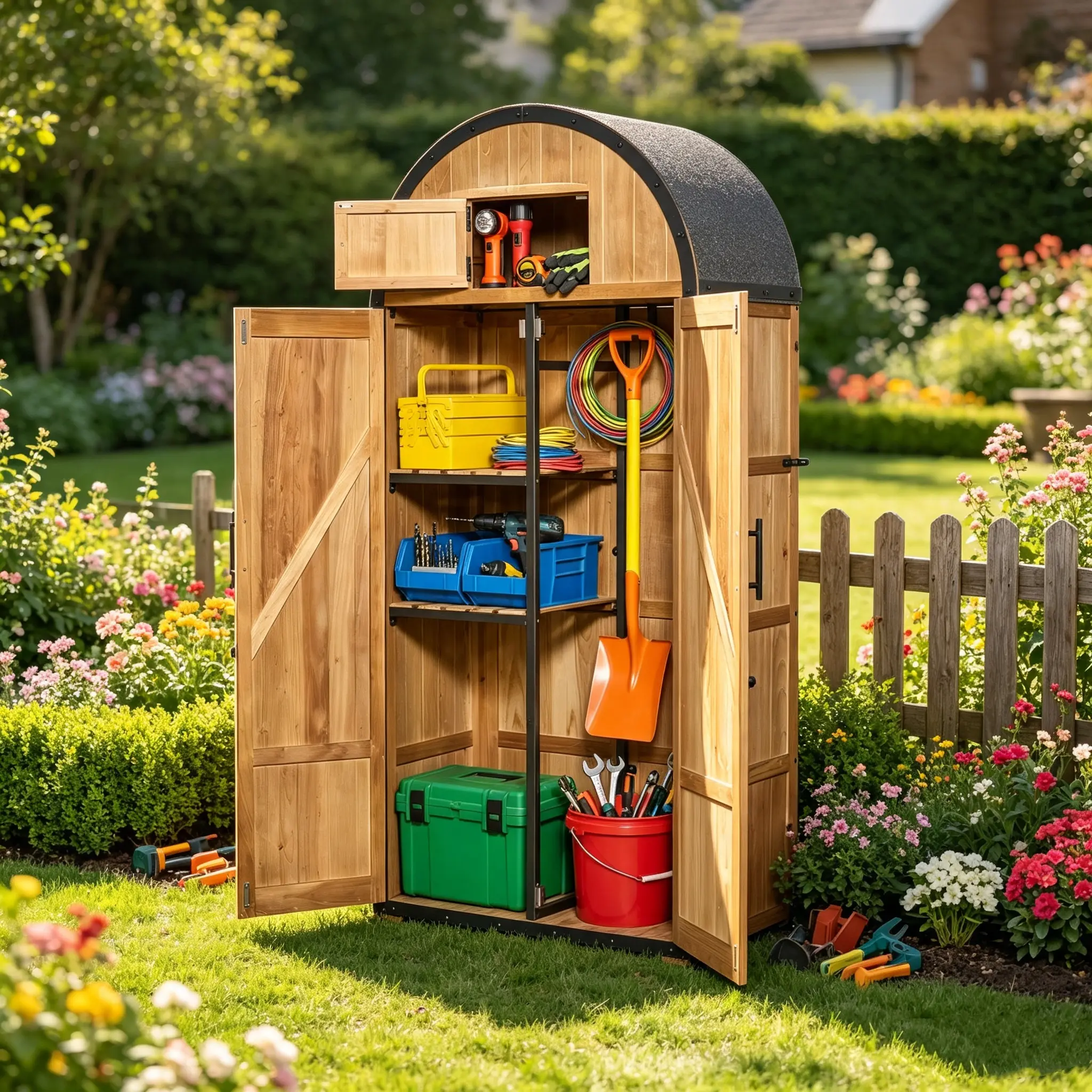 NorthSky Solid Fir Wood Outdoor Storage Shed - Modern Dome Waterproof Roof Tool Cabinet with Metal Frame, Lockable Double Doors, 5 Storage Zones, 48h Salt Spray Test, 30.3"W×15.7"D Patio Backyard Organizer