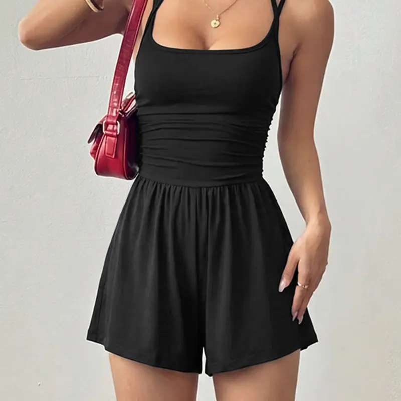 Summer Women's New Casual Halter Ruched Waist Slimming Romper Sporty Chic for Sports Shorts Jumpsuit Workout Shorts Jumpsuits