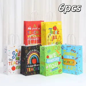 6 Colorful Kraft Paper Back-To-School Teachers Gift Bags, Six Colors, Handle Included, Pencil, Ruler, Apple, Bus Design, 8.2x5.9x3.1 Inches, Party Decorations, Party Gift Packs