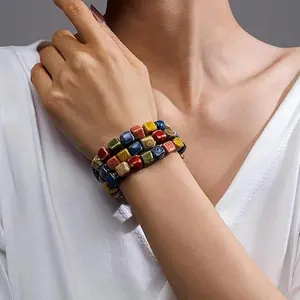 Women's Handmade Ceramic Beaded Wrap Bracelet - Convertible Multicolor Square Cube Porcelain Bead Necklace, Stretch Layered Bohemian Choker Bangle, Fashion Costume Jewelry Gift for Women