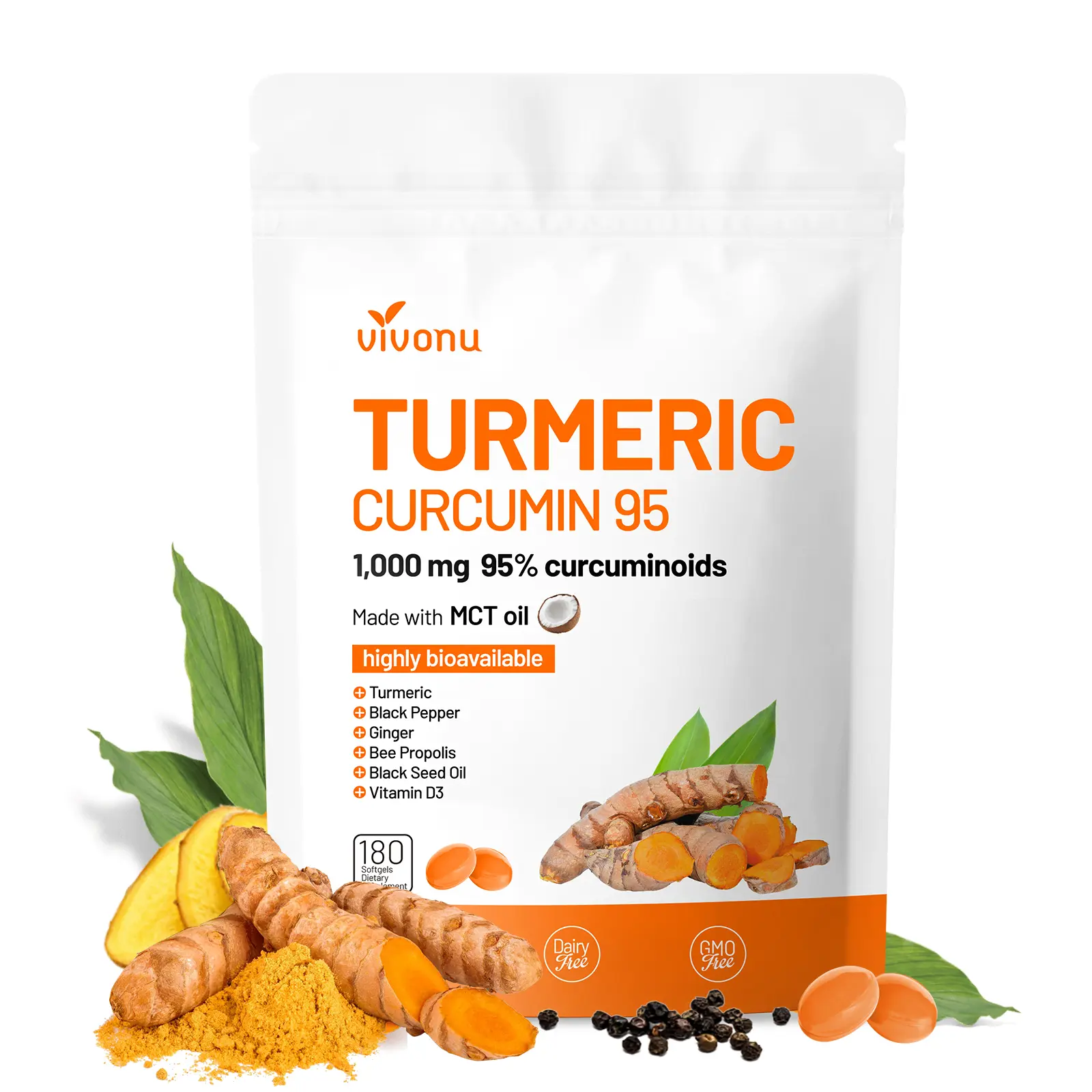 VivoNu TURMERIC CURCUMIN 95 Softgels: 1000mg 95% Curcuminoids | Provides Antioxidant Protection, Anti-Inflammatory & Supports Immune Function (180 Softgels per Bag)