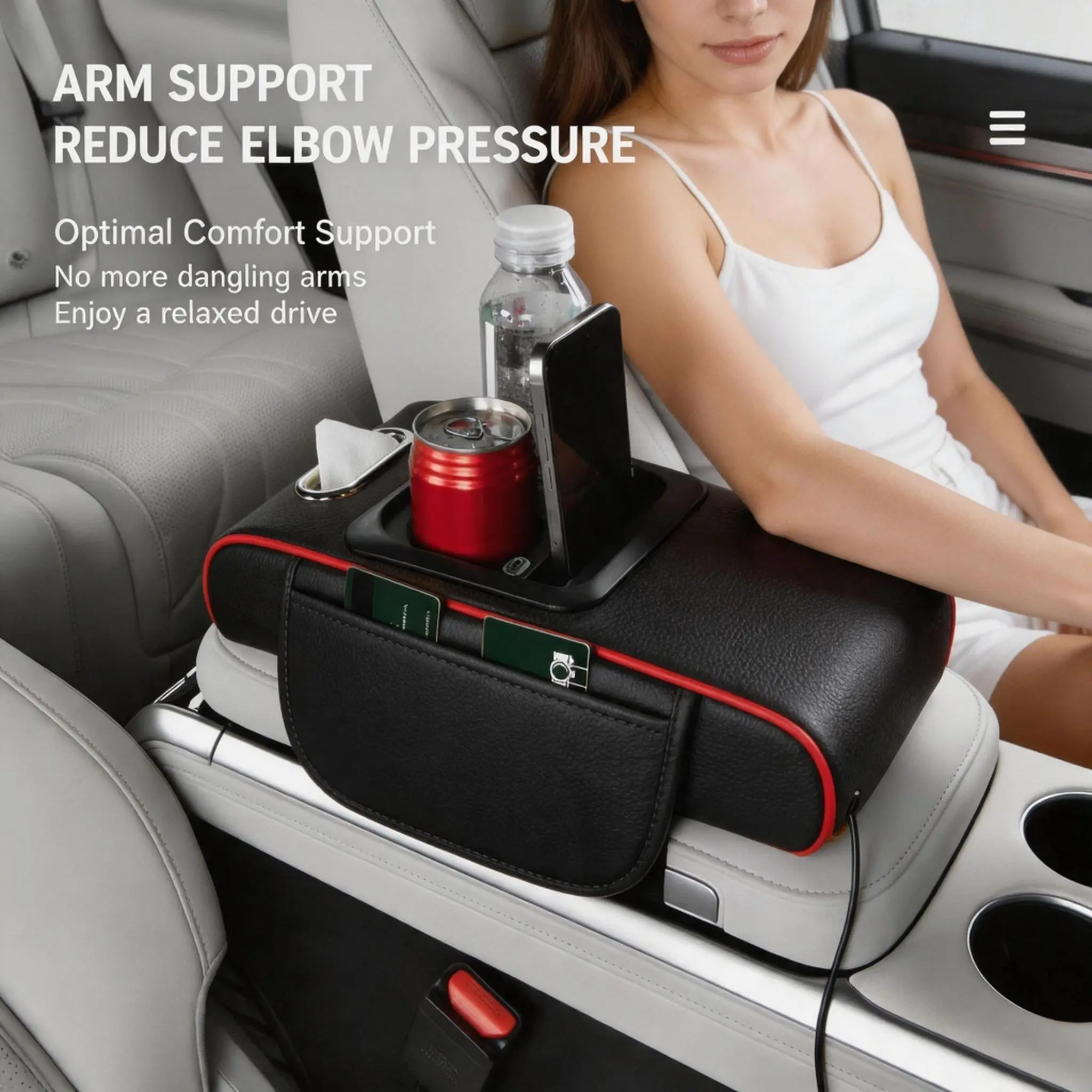 All-in-1 Car Armrest for Leisure & Outdoor Use - Dual Storage Compartment, Cup Holders, Tissue Box Holder, Fast Charging Function, usb charger, 2-in-1 charging cord, 【Summer Sale Deals】