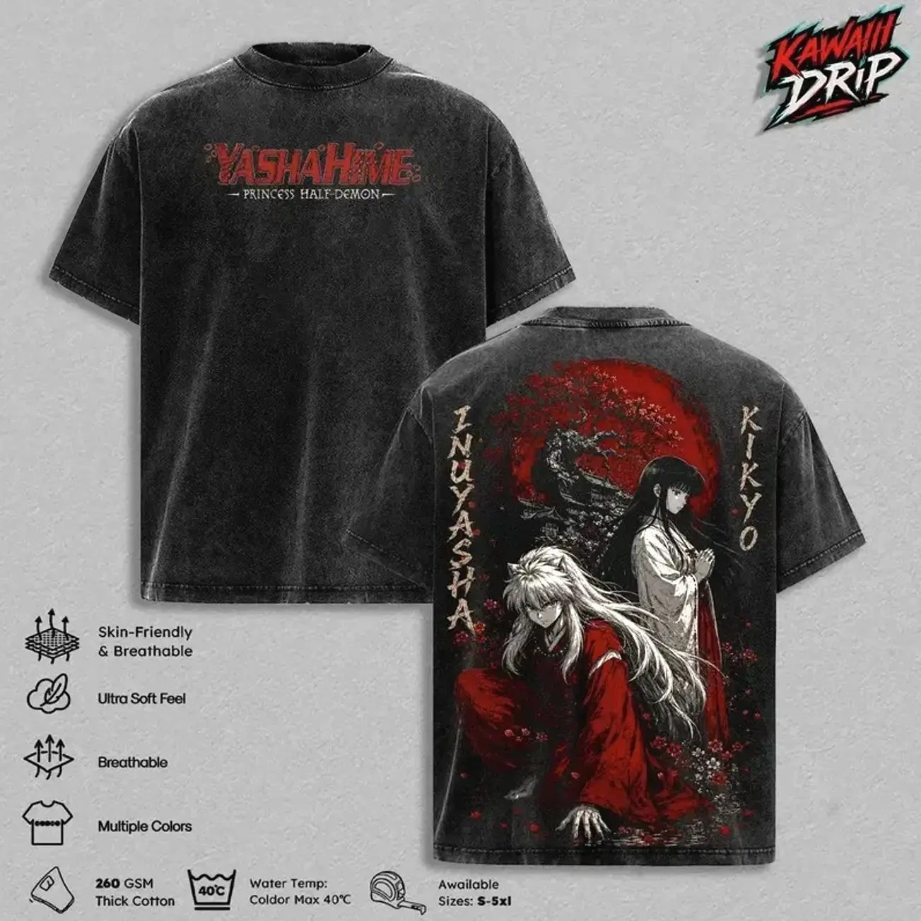 Inuyasha x Kikyo Vintage Washed Anime T-Shirt, Yashahime Princess Half-Demon Graphic Tee, Retro Japanese Manga Streetwear Oversized Heavy Cotton Shirt, Inuyasha Anime Fan Gift for Men & Women QE8