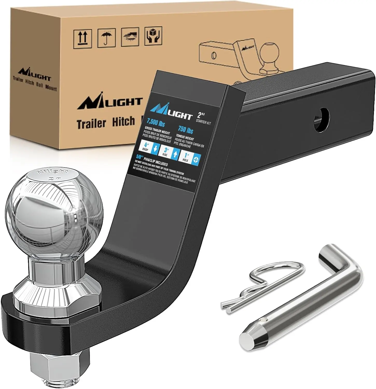 Nilight Trailer Hitch Ball Mount Kit, Corrosion Resistant with 4" Drop or 3" Rise for 2" Receiver, Includes 2" Ball and 5/8" Pin, 7500 lbs Capacity, Hitch Pin Hole, 2-Inch Diameter Ball