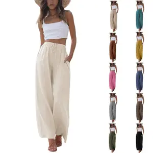 Mundoven Women's Cotton Linen Summer Palazzo Pants Flowy Wide Leg Beach Trousers with Pockets