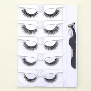 Reusable Self Adhesive Eyelashes, 5 Pairs Natural Fluffy False Eyelashes with Tweezers, Soft and Natural Look Lashes, Wispy Cat Eye Faux Cluster Lashes, Cosmetic False Lashes, Eye Makeup Products for Women and Girls