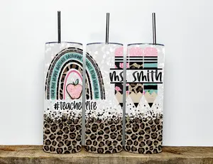 Teacherlife Rainbow & Leopard Personalized Faux Glitter Tumbler | Teacher Gift | End Of The Year Teacher Gift | Personalized Teacher Tumbler