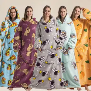 Winter Best-Selling Pizza Print Cute Elegant Casual Home Long Blanket Oversized Lazy Suit, Hooded Pocket, Soft Comfortable, Cozy Hooded Blanket