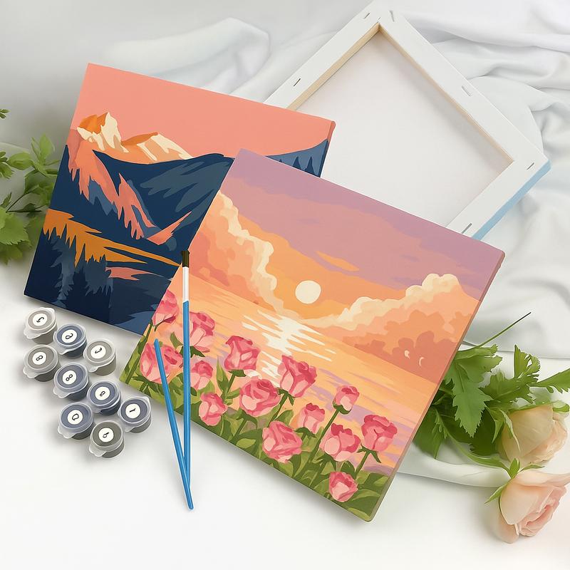 DIY Painting By Numbers Kit - Framed Canvas Set with Brushes, Pre-Mixed Paints & Sample Image - Relaxing Art for Home Decor or Gifting - Dreamy Sunsets & Elegant Flowers Designs