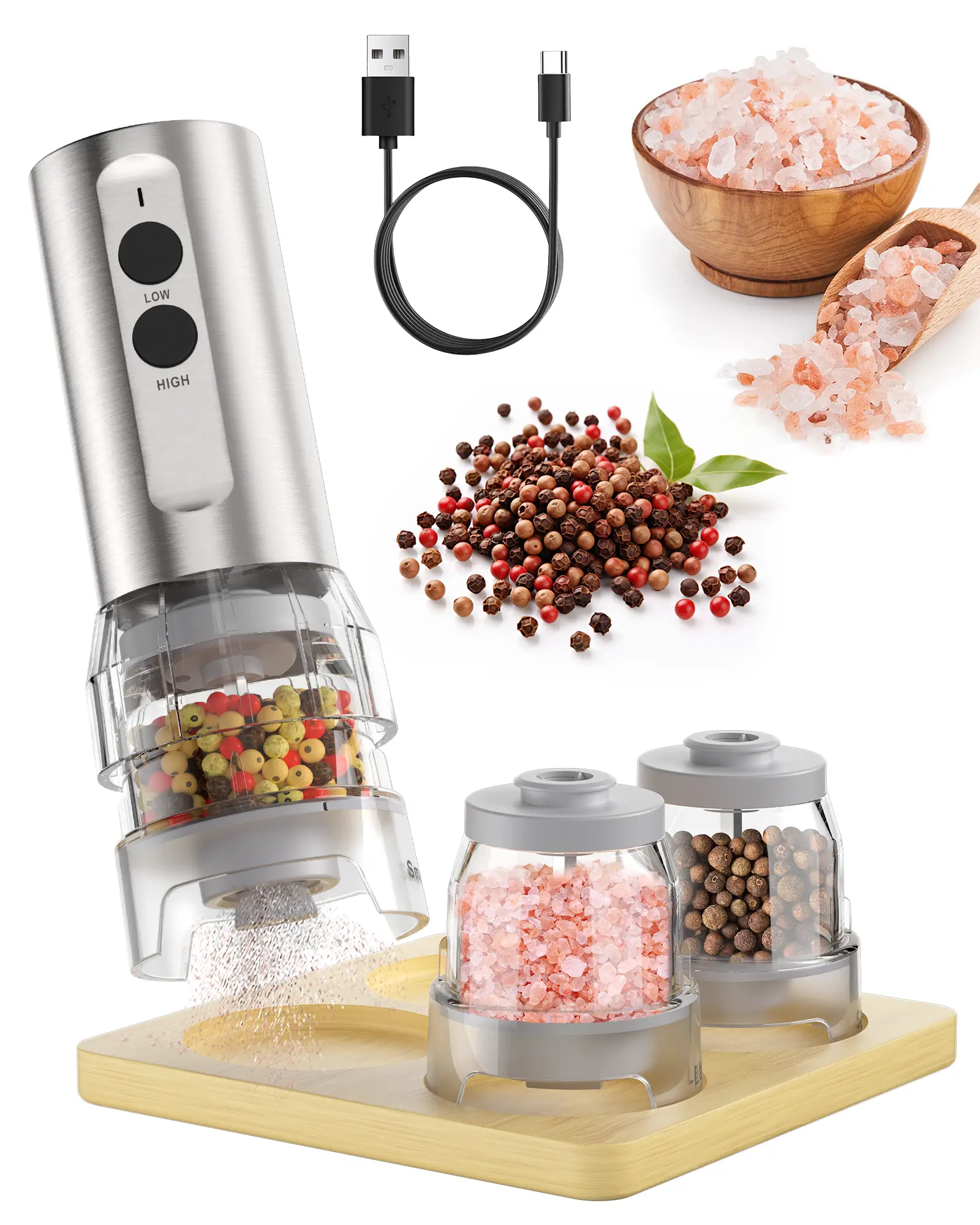 ODIFORGO Electric Salt and Pepper Grinder Set 2025 New Update,Quick Switching of Silos, Stainless Steel Automatic Pepper Mill Grinder,USB Rechargeable