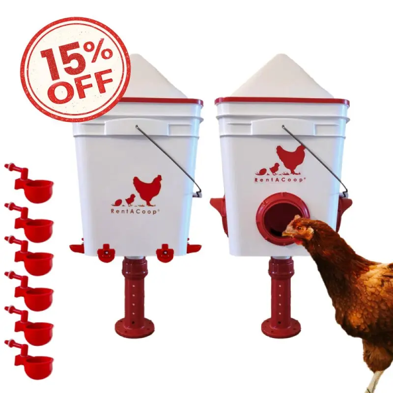 RentACoop Chicken Feeder & Waterer Set– 25lb No-Waste Feeder with 4 Large Ports + 5-Gallon Waterer with Auto-Fill Cups & Horizontal Nipples