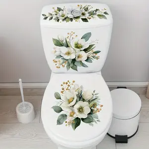 1set Light Luxury White Floral Toilet Sticker, Self-Adhesive and, Bathroom Toilet Beautification, Creative Sticker for Rental Homes / Guesthouses to Refresh Bathrooms, Beautiful Pattern, Toilet Sticker, Toilet Lid Print, Self-Adhesive PVC, Fun Sticker