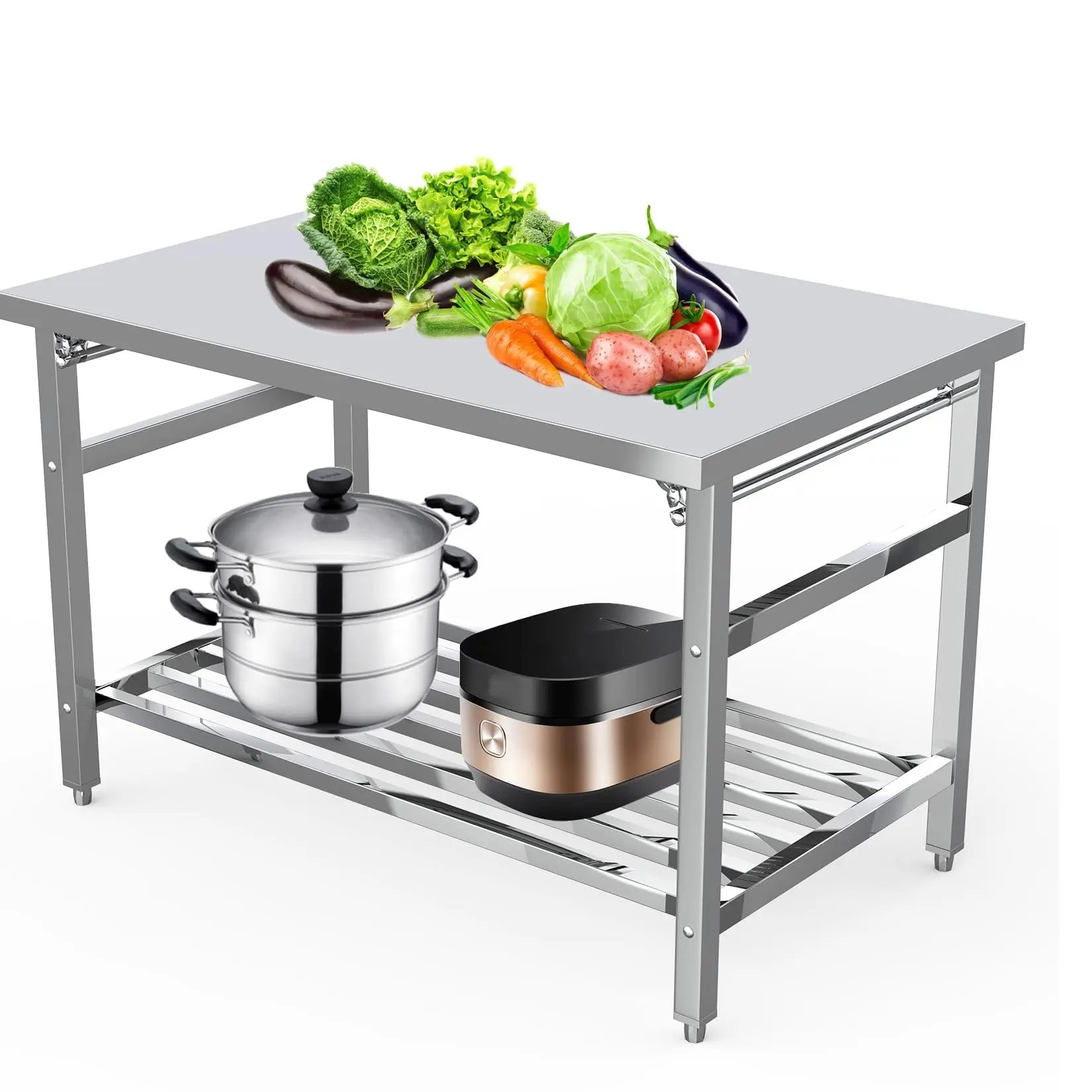 48"x24" Stainless Steel Foldable Heavy-Duty Folding Work Table, Commercial Kitchen Prep Table with Adjustable Undershelf, No-Installation Required