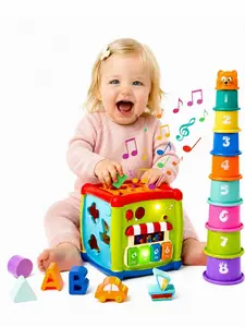 Shape Sorting Cube with Music & Lights - 6 in 1 Sensory Busy Cube Stacking Cups Activity Toy for Toddlers 18+ Months, Educational Learning Toys for Boys & Girls